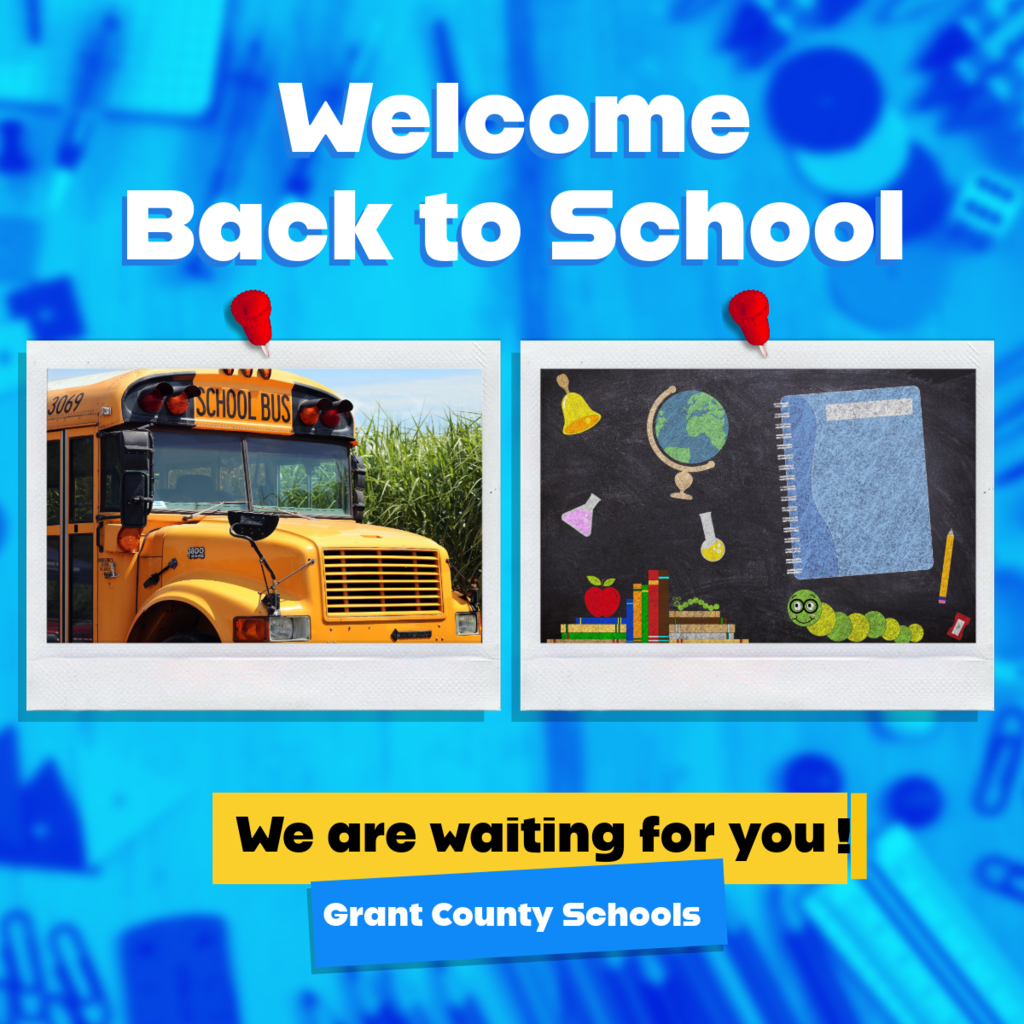 School bus, blue background, school supplies