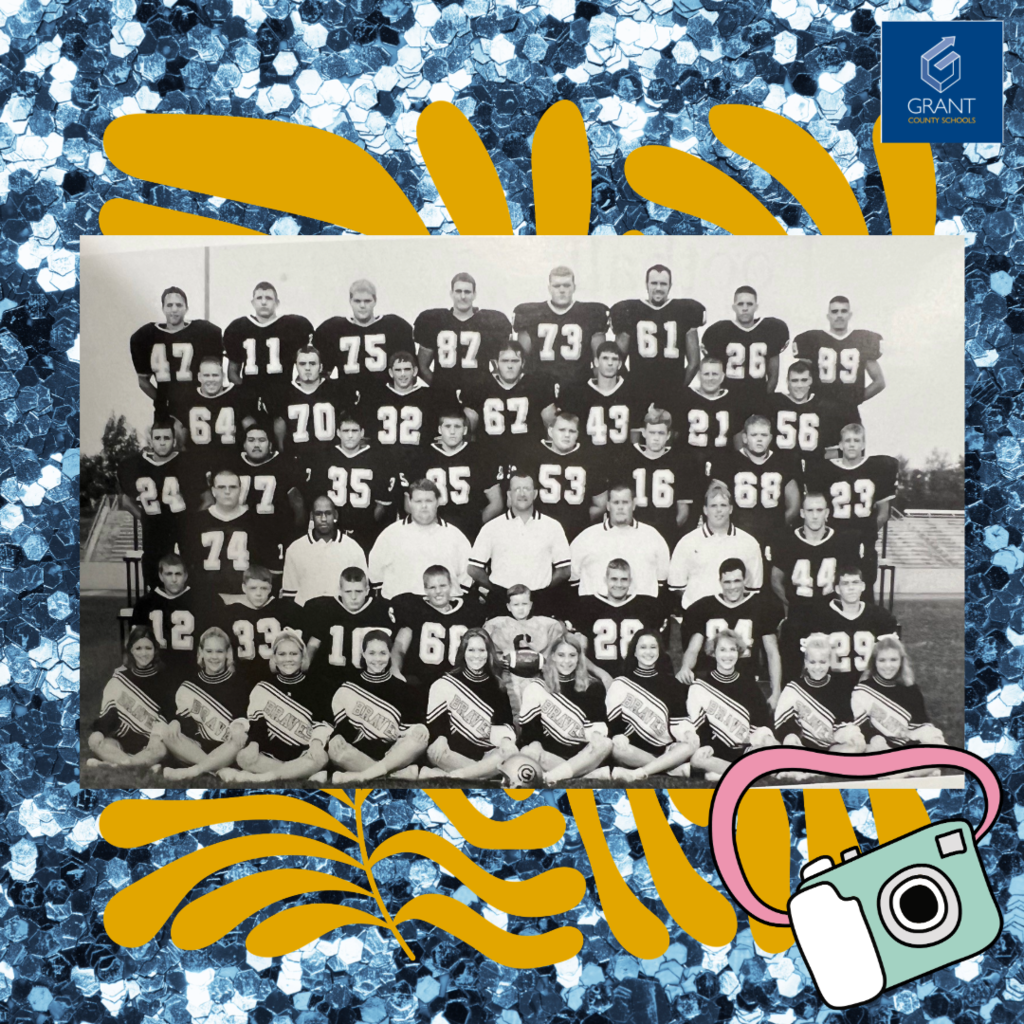 Blue background, football team with cheerleaders