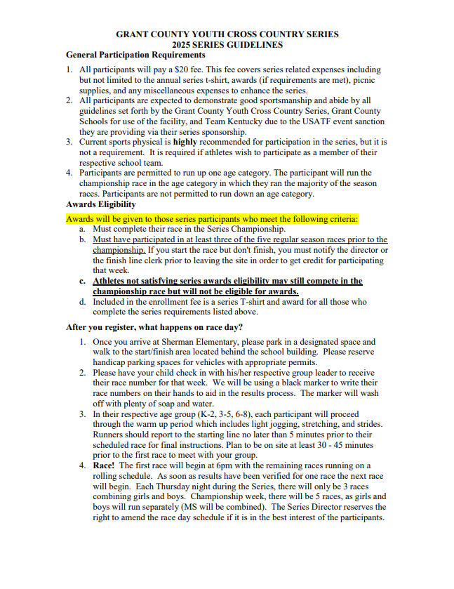 Youth Cross Country guidelines