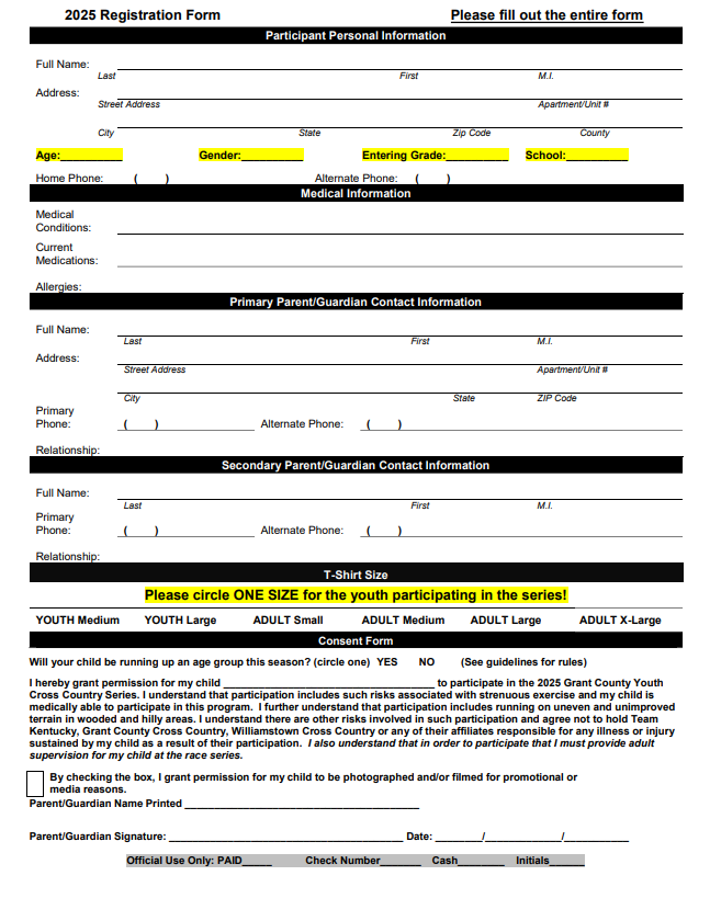 Youth XC Registration form
