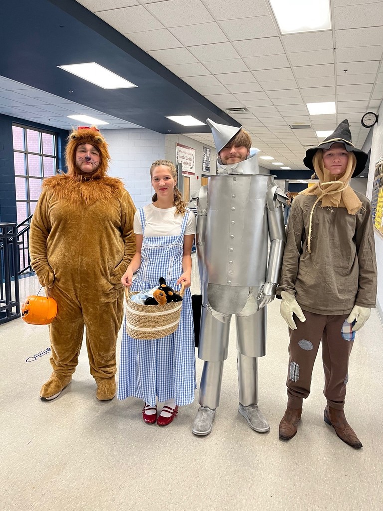 boy in lion costume, girl in blue dress, boy in tinman costume, boy in scarecrow costume