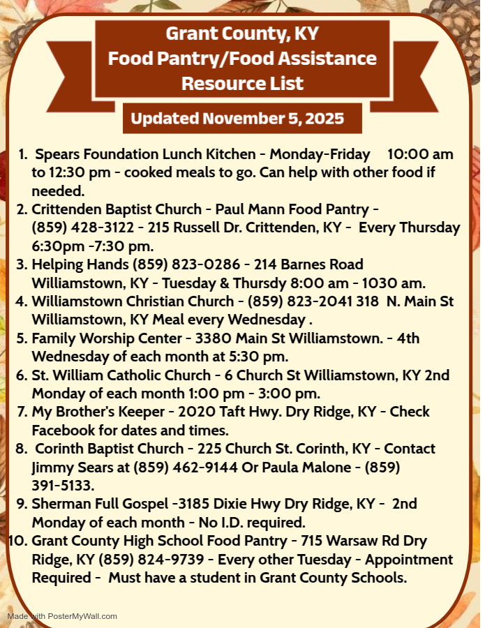 Food Pantry/Food Assistance Resource List for Grant County: