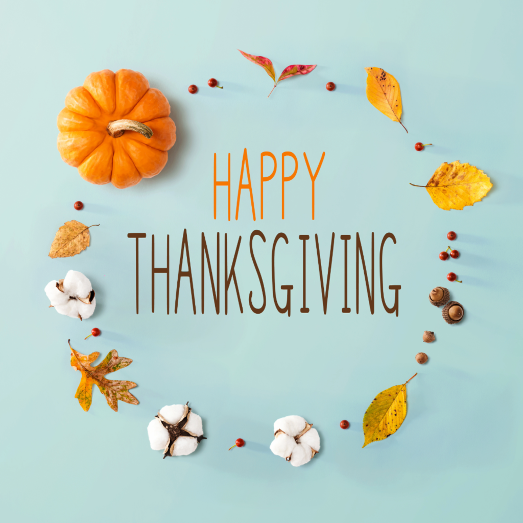 Blue background with pumpkin, leaves, and cotton puffs