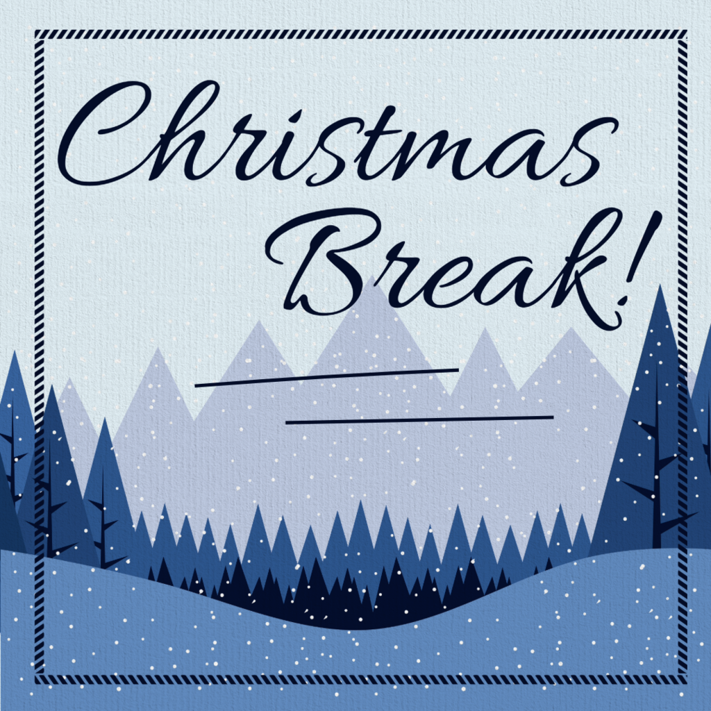 Blue and snowy scene with pine trees and mountains