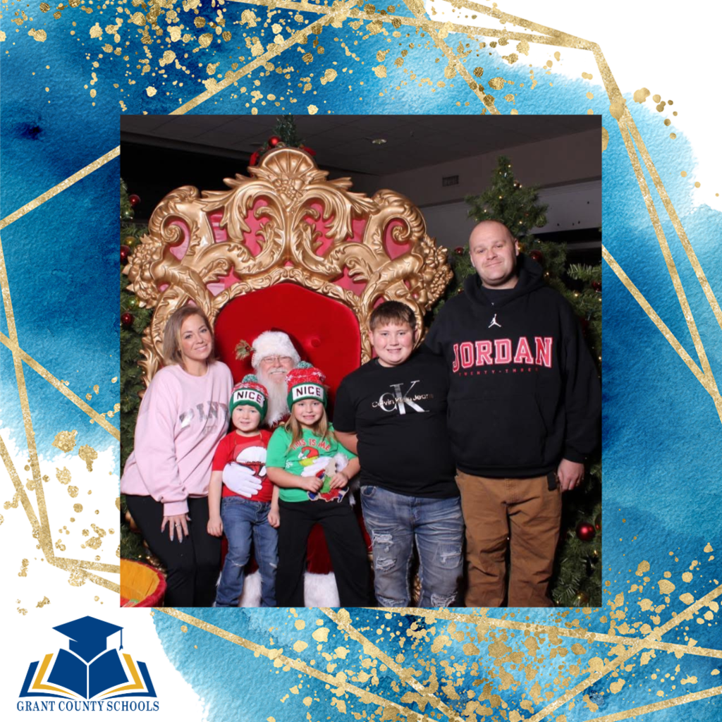 blue and gold with a photo of a family.