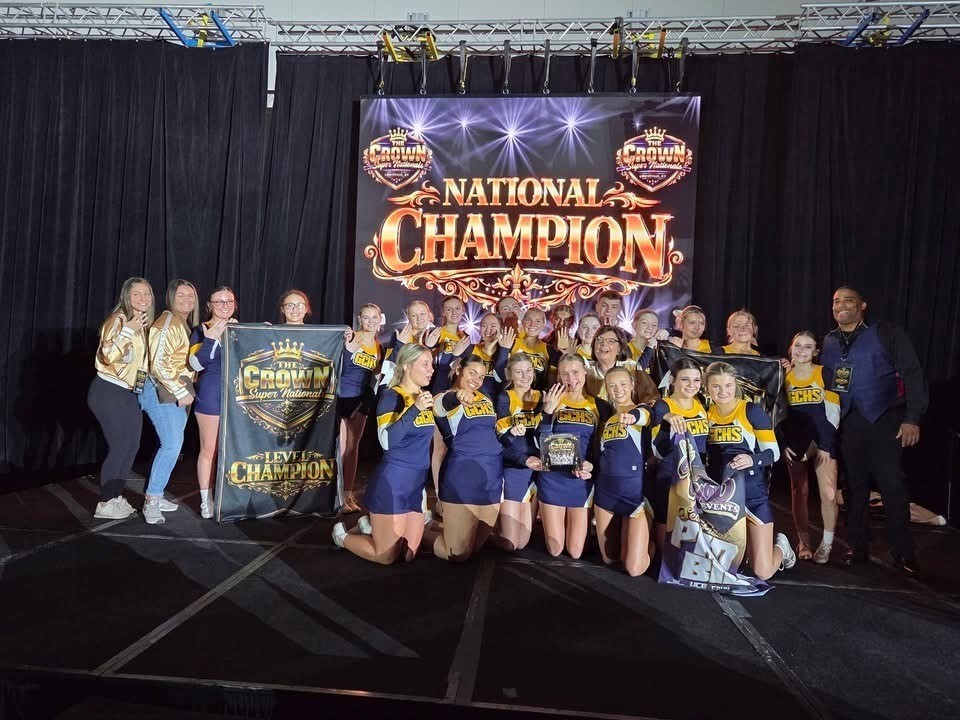 cheerleaders in blue and gold