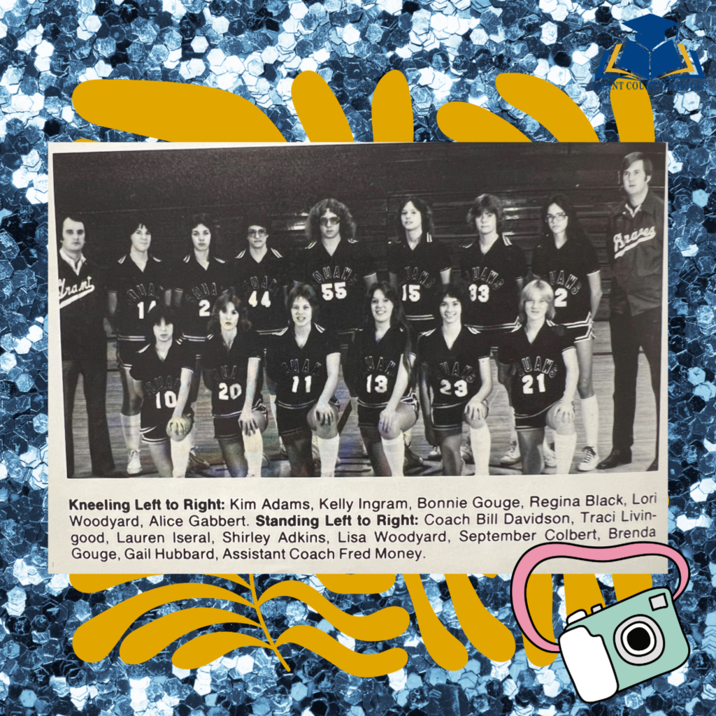 yellow, blue with photos of girls basketball team