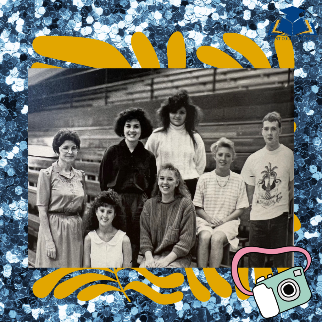 yellow, blue with photo of  students smiling