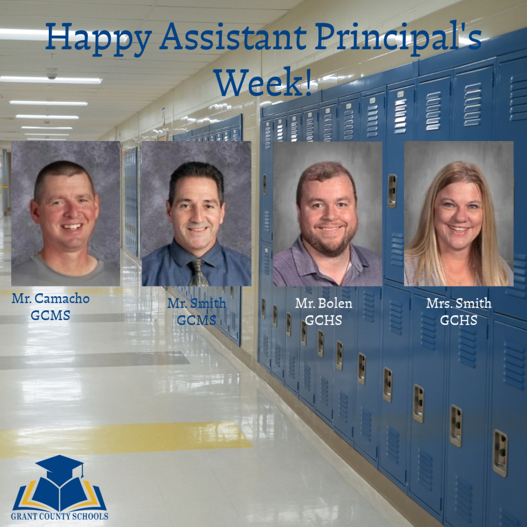 Blue lockers, grey floor, four adult pictures