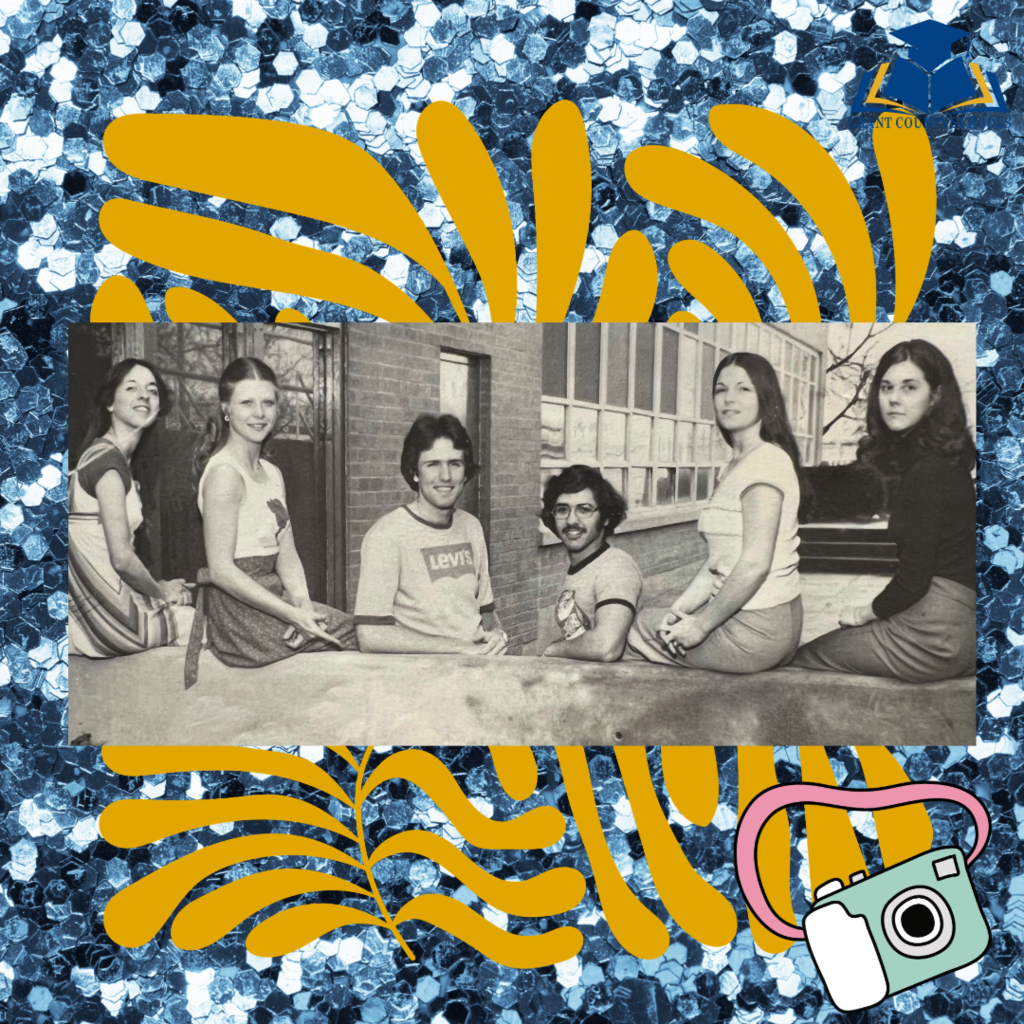 blue and gold and white with vintage black and white photo of four girls and two men