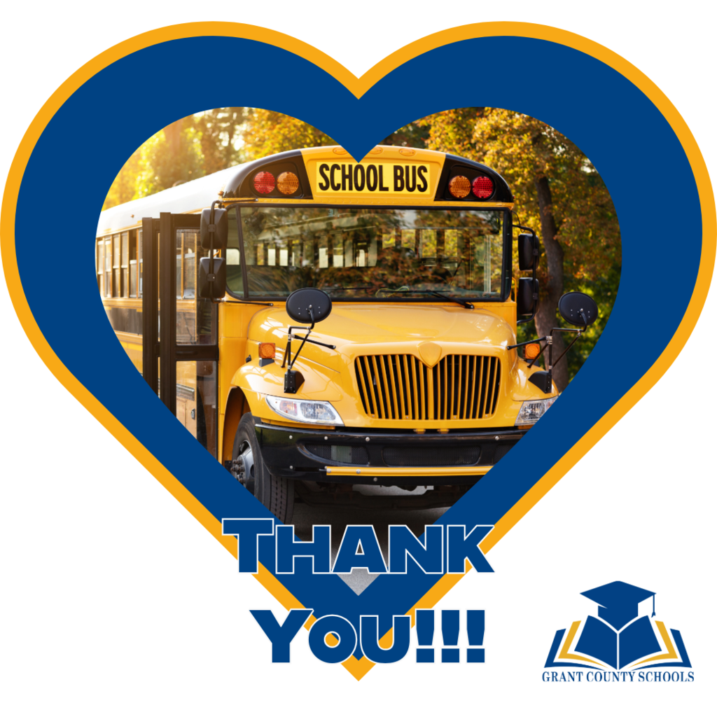 gold and blue heart with a yellow school bus in the middle