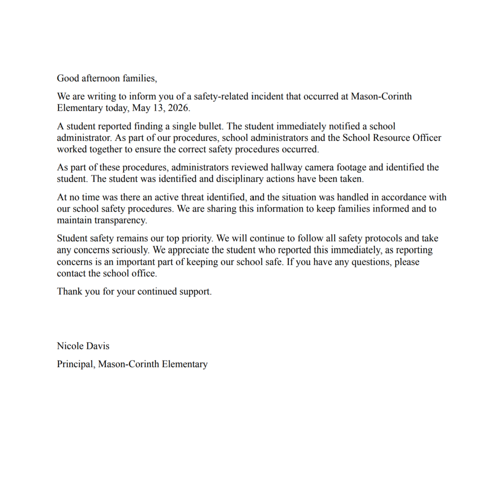 Please see attached letter about an incident that happened at MCE on 5/13/2026.