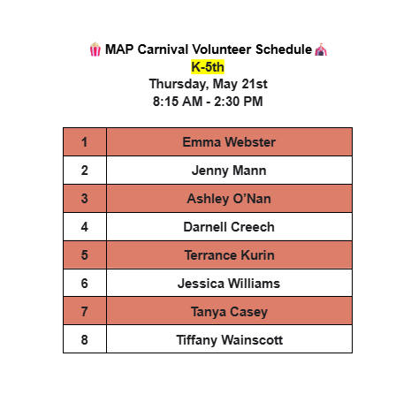 MAP Carnival schedule
