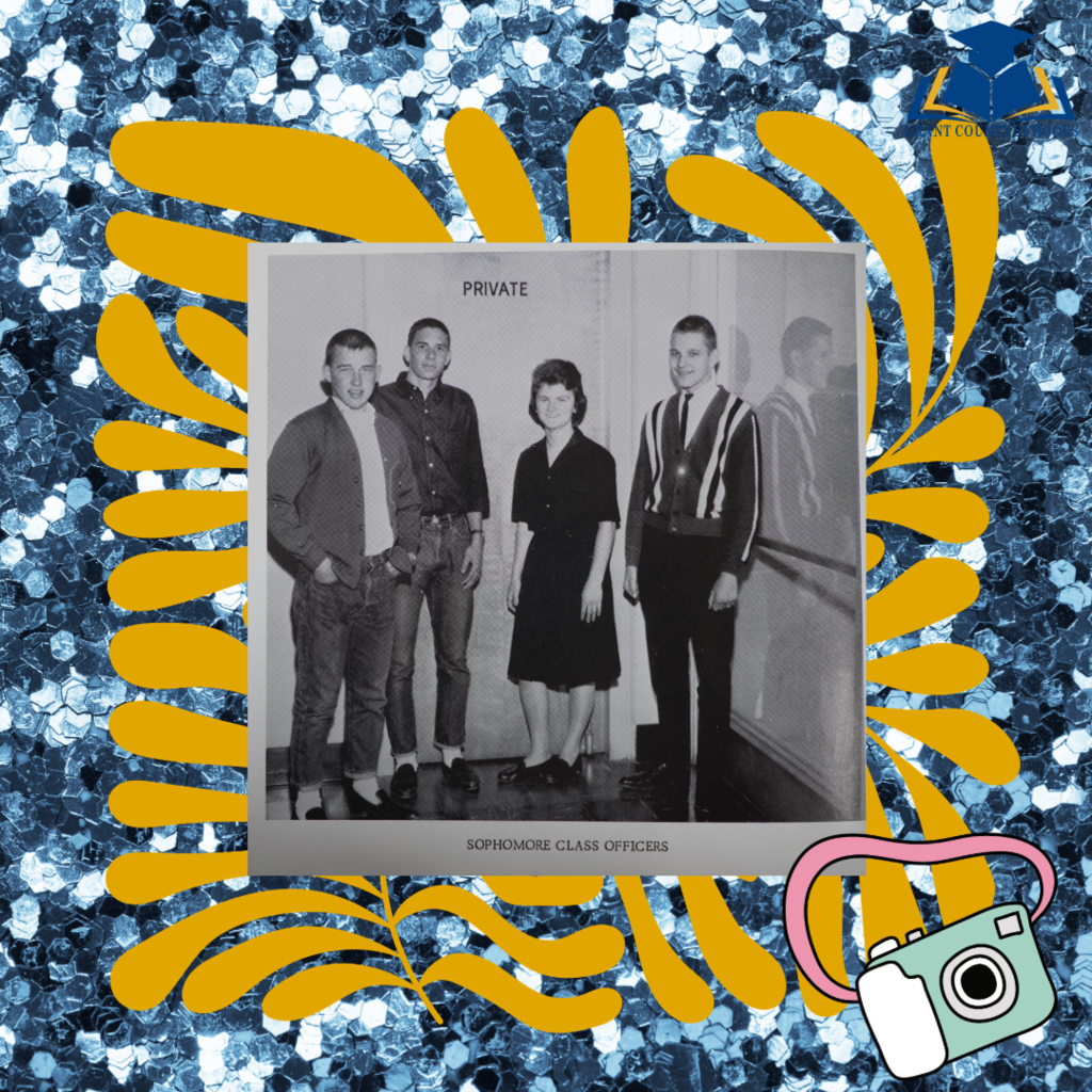 black and white photo, three men and one woman