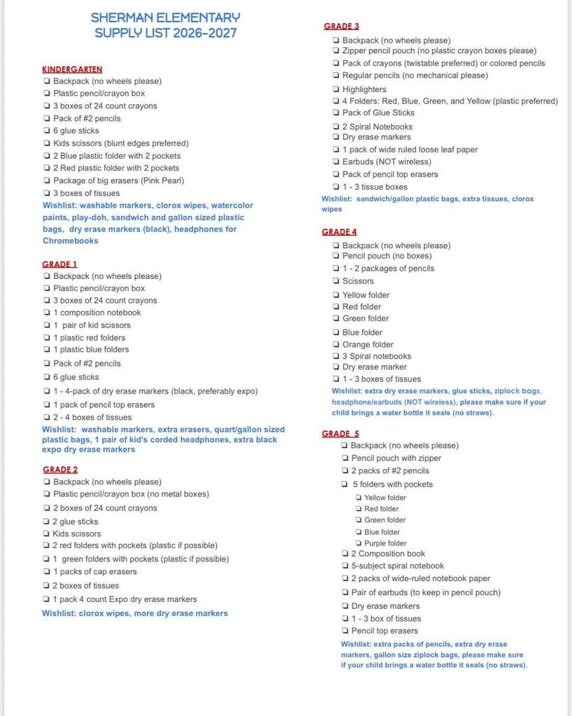 2026-2027 School Supply List