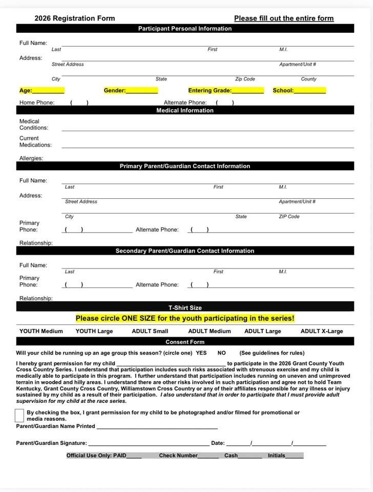 youth xc form