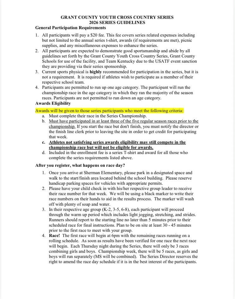 youth xc guidelines