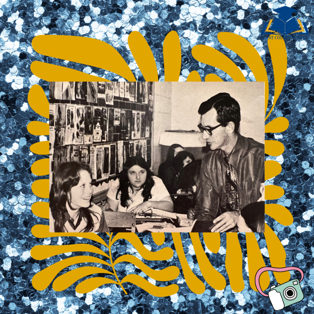 Blue background, gold floral, man and two students black and white