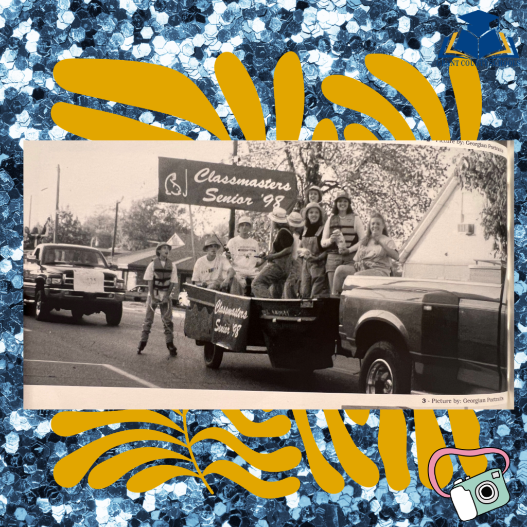Vintage image, boat in parade with students