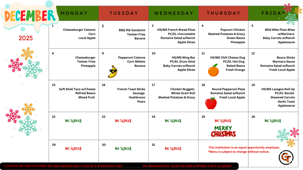 December Lunch Menu