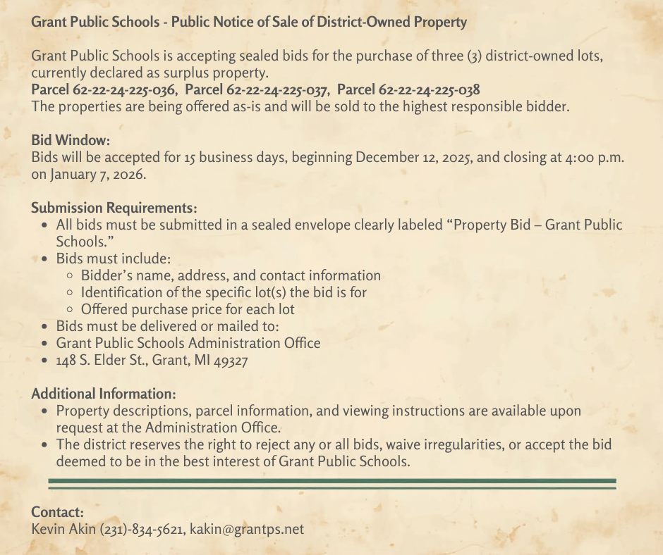 Public Notice of Sale of District-Owned Property