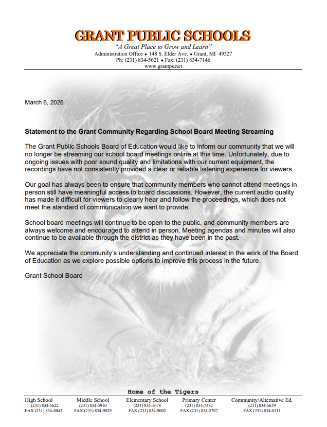 Statement regarding streaming the board meetings