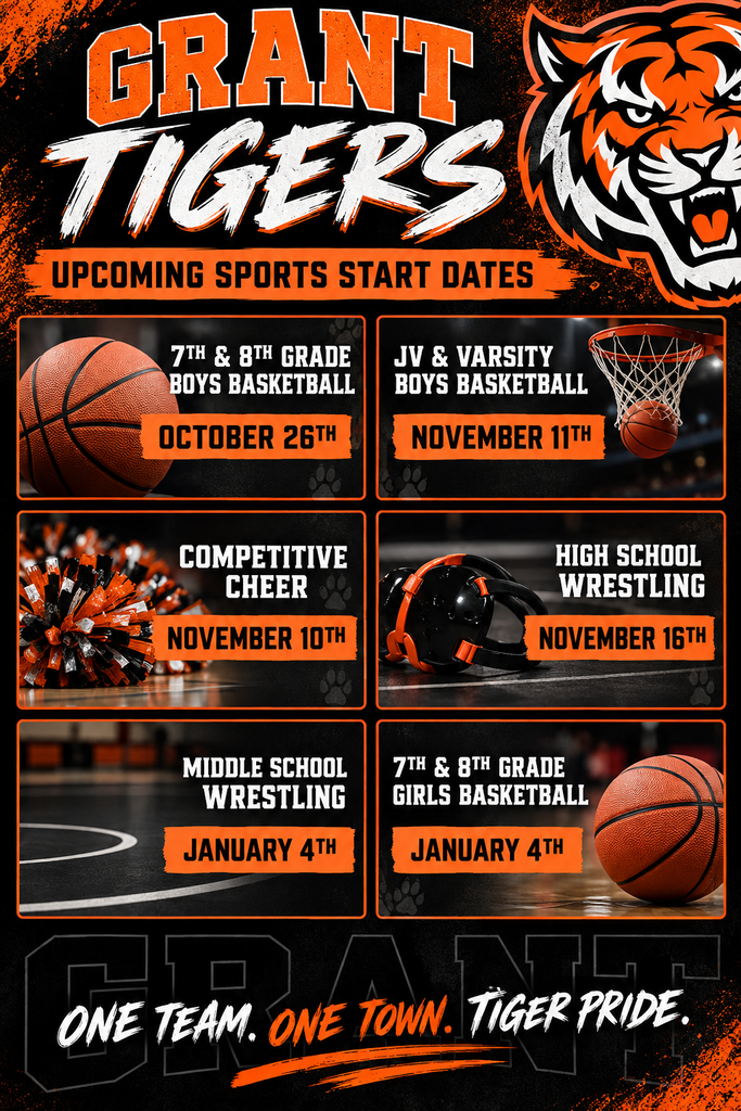 7th and 8th Grade Boys Basketball - October 26th Competitive Cheer - November 10 JV and Varsity Boys basketball - November 11 High School Wrestling - November 16 Middle School Wrestling - January 4 7th and 8th Grade girls basketball January 4