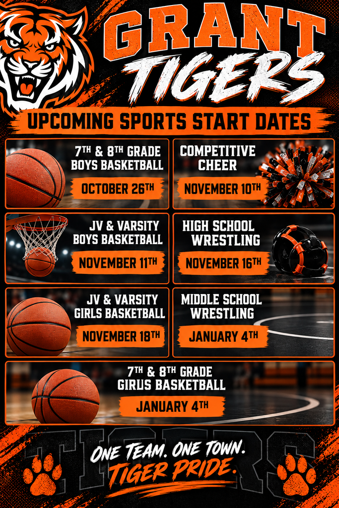 7th and 8th Grade Boys Basketball - October 26th Competitive Cheer - November 10 JV and Varsity Boys basketball - November 11 High School Wrestling - November 16 JV and Varsity Girls Basketball - November 18 Middle School Wrestling - January 4 7th and 8th Grade girls basketball January 4