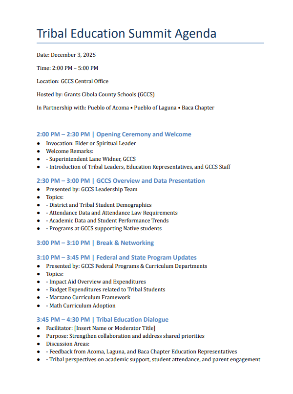 Tribal Education Summit Agenda