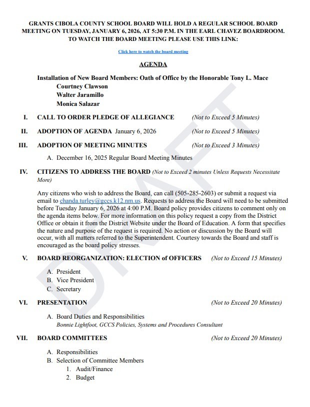 Draft Agenda January 6, 2026