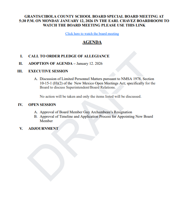 Draft Agenda January 12, 2026