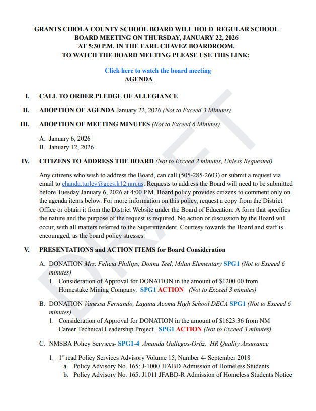 Agenda January 22, 2026