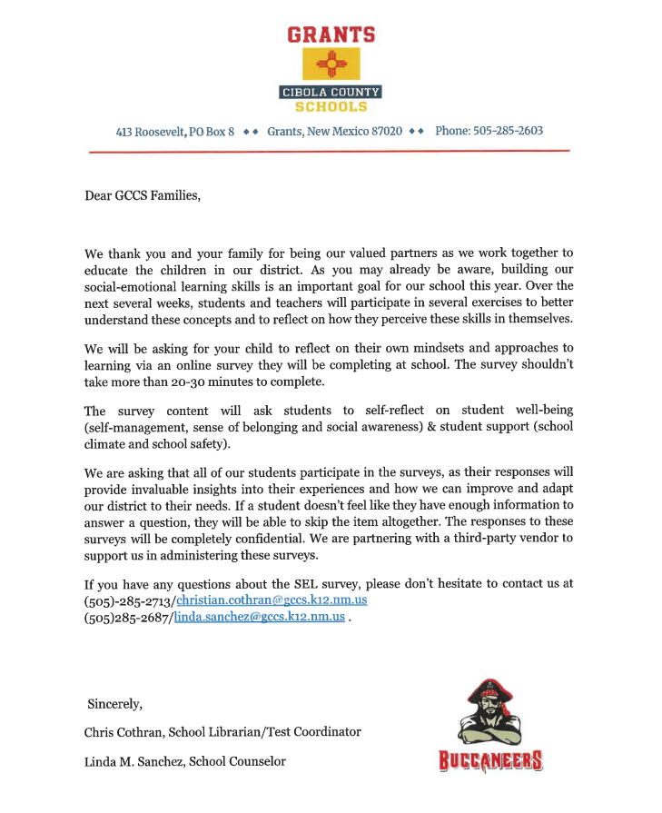 Letter to Families for Panorama Survey/NMPED