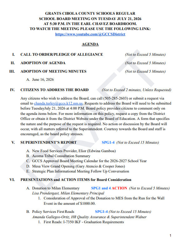Agenda July 21, 2026