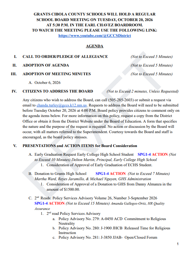 Agenda October 20, 2026