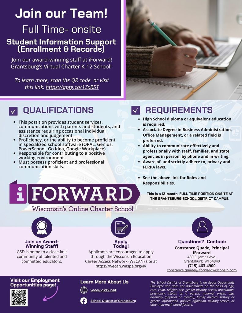 Job opening- iForward- Support Staff- Enrollment & Records