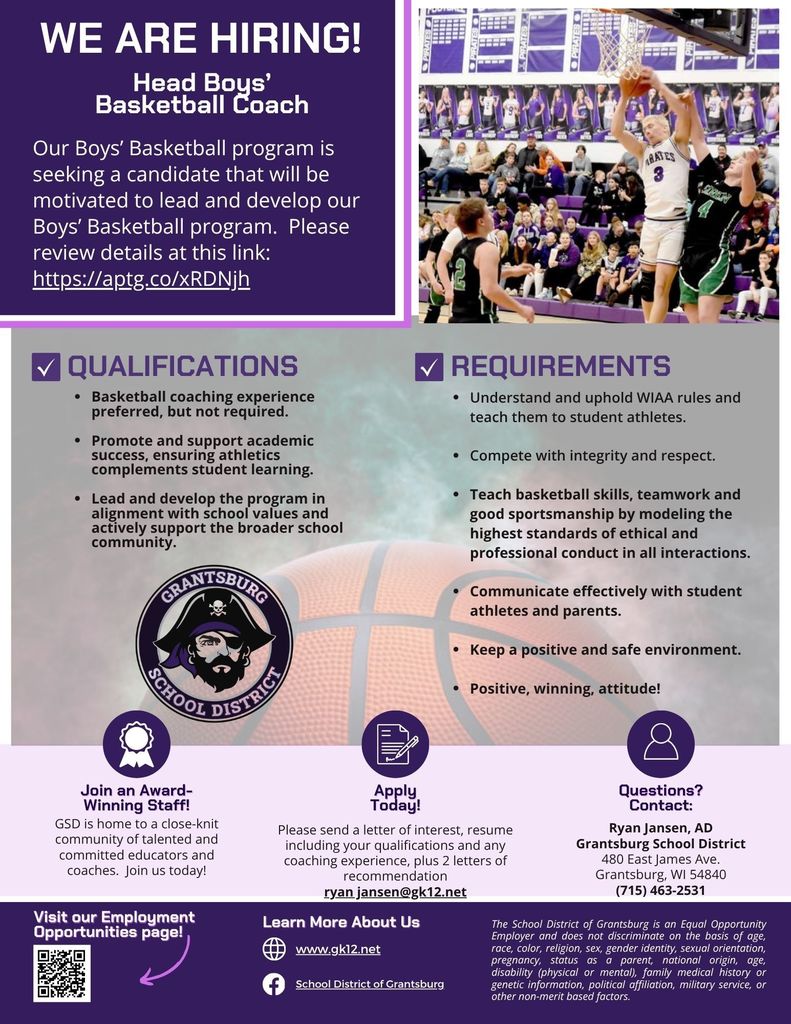 Head Coach Boys' Basketball employment opportunity poster