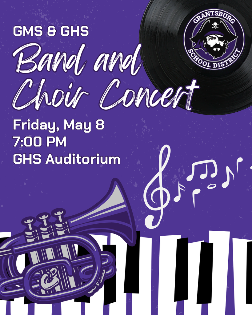 GMS and GHS Band and Choir Concert flyer for May 8 at 7 pm