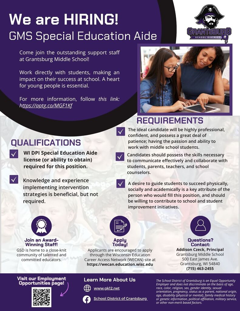 Middle School Special Education Aide Employment Posting