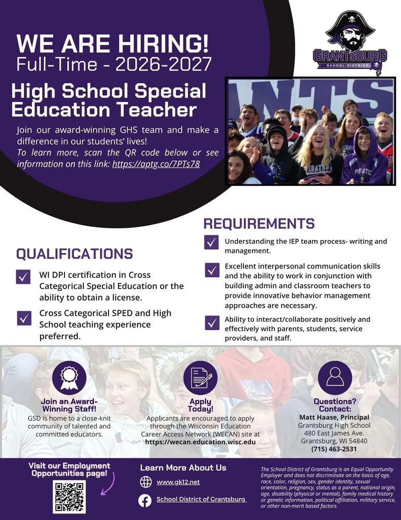 Posting flyer for a High School Special Education Teacher at Grantsburg High School