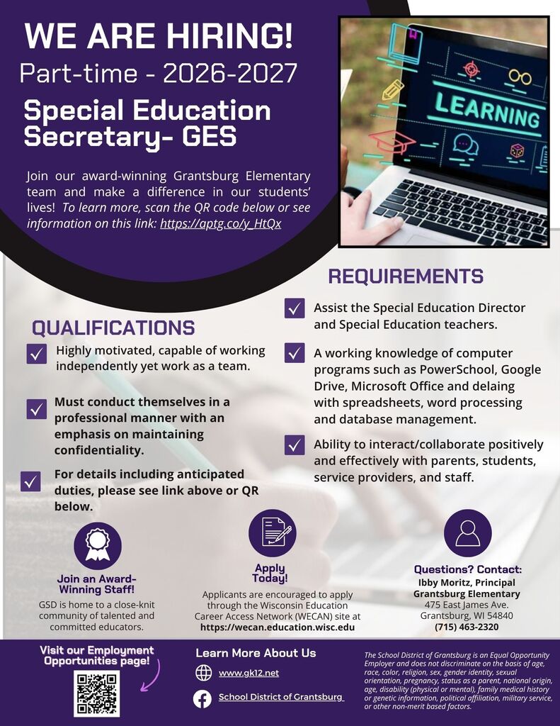 job flyer for GES Special Education Secretary