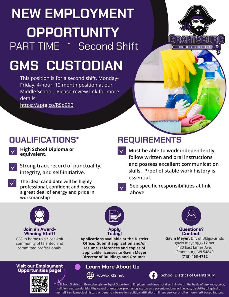 Part Time GMS Evening Custodian position.