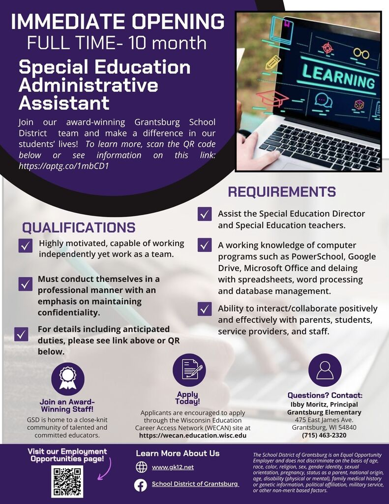 Flyer for a full-time Special Education Administrative Assistant.