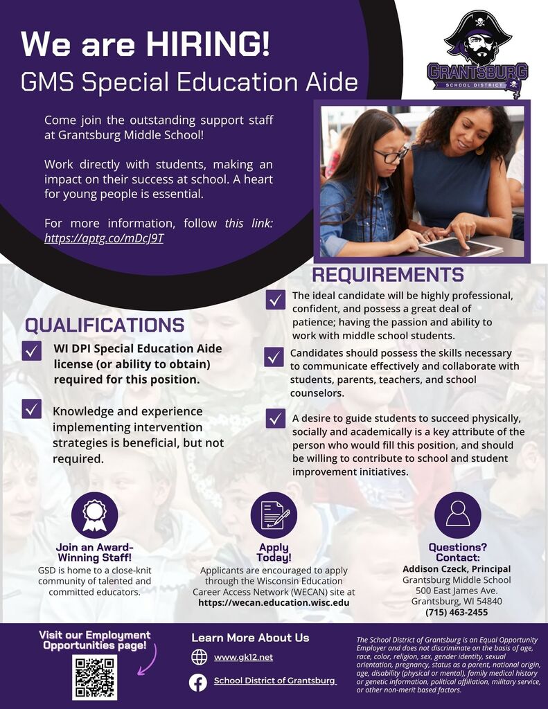 GMS Special Education Aide employment flyer.