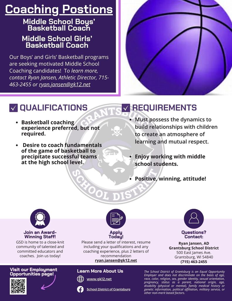 Boys' & Girls' Middle School Basketball positions available