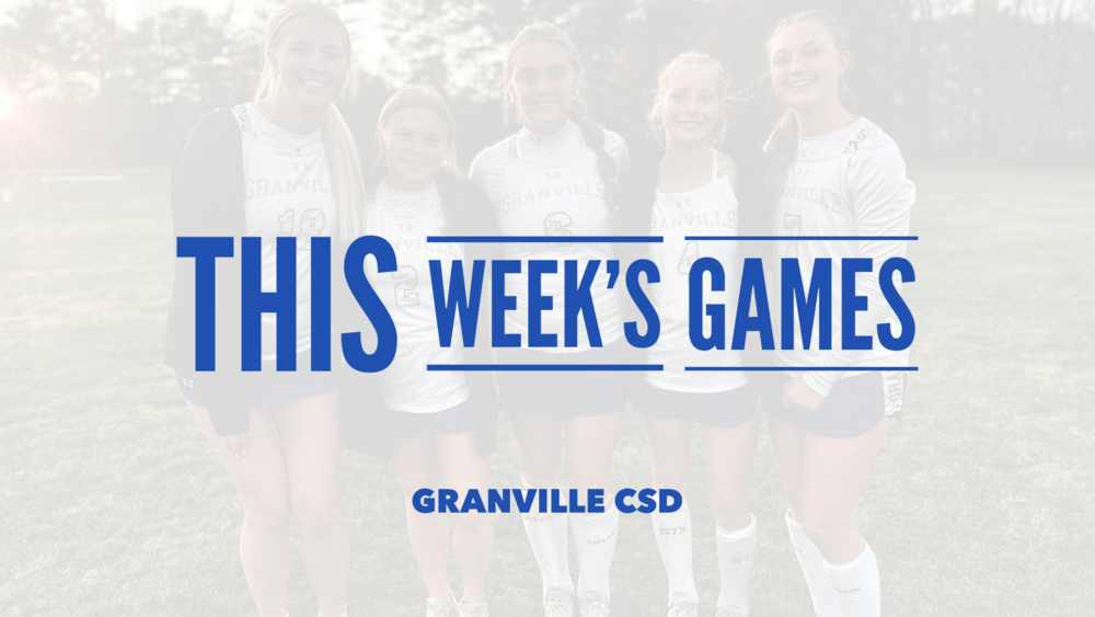 This Week's Game from GCSD - in blue font over a blurred image of 5 senior lady field hockey players