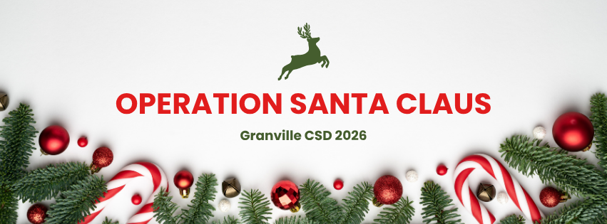 Operation Santa Claus at Granville CSD 2026 in red and green font with images of candy canes, ornaments and evergreens