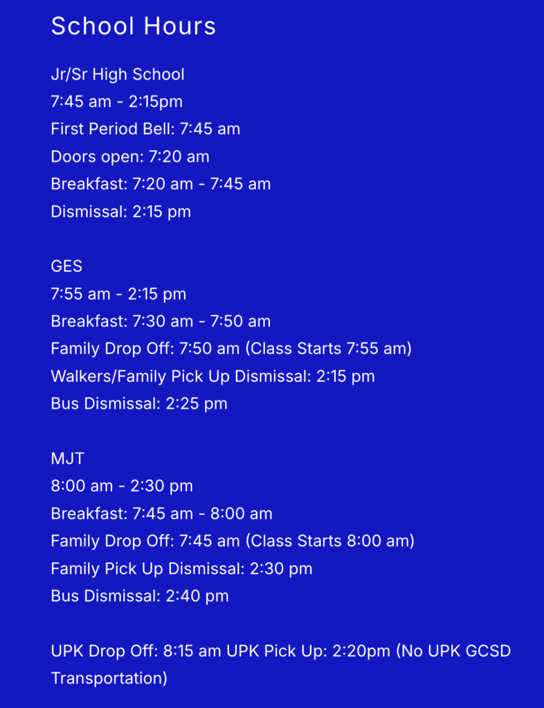 2025 - 2026 School Hours at Granville CSD - This is listed in the footer of the GranvilleCSD.org website
