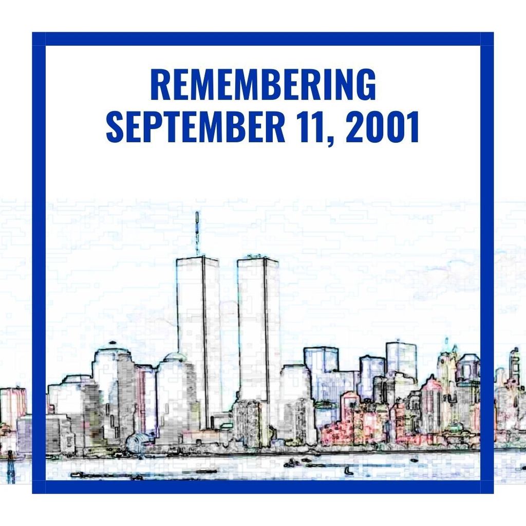 remembering september 11, 2011 - a pixelated watercolor image of the former Twin Towers skyline in New York City