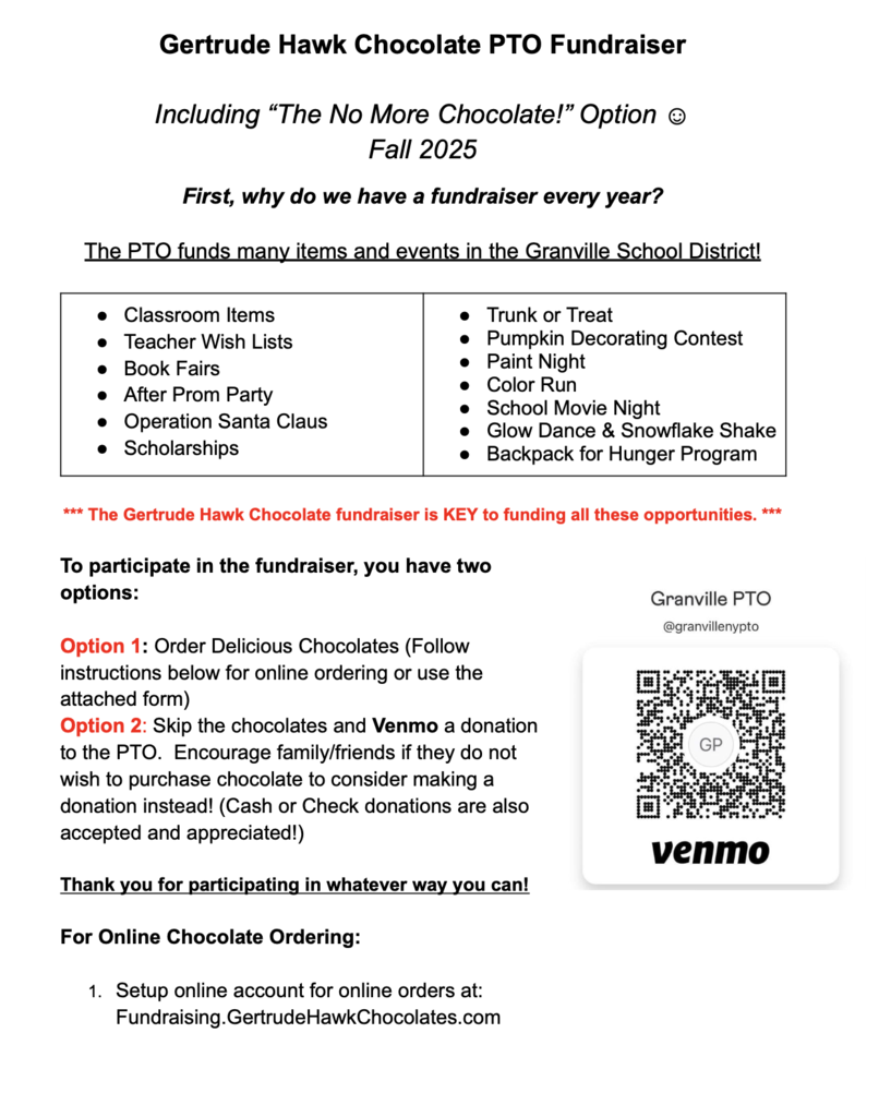 PTO Gertrude Hawk Flyer for 2025 - all details are in the district calendar at granvillecsd.org/events